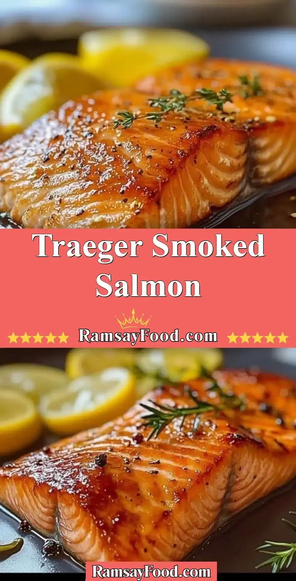 Delicious Traeger smoked salmon resting on a wooden board with herbs.
