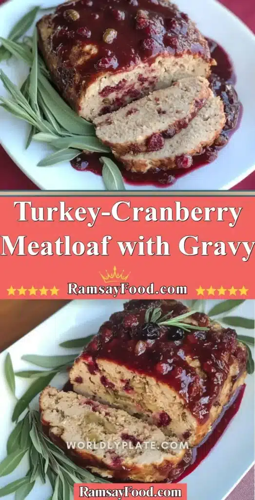 Delicious Turkey-Cranberry Meatloaf served with savory gravy on a plate.
