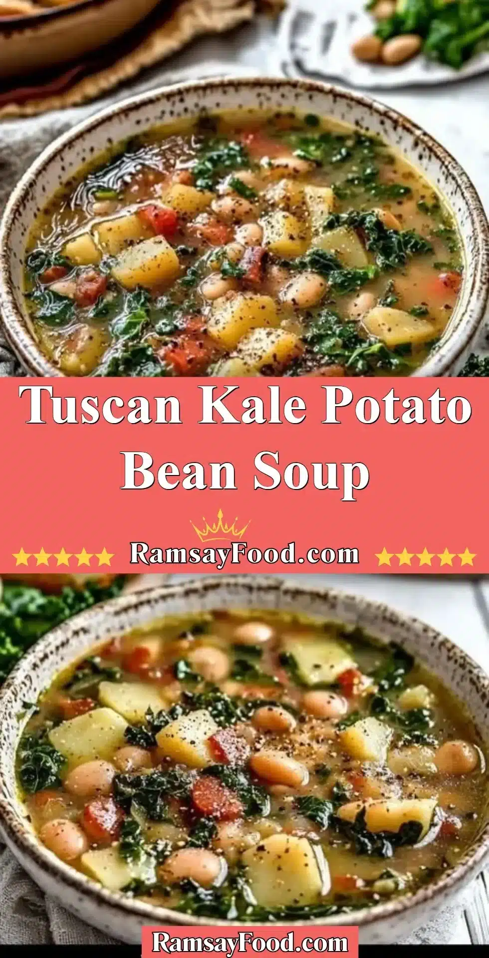 Bowl of Tuscan Kale Potato Bean Soup with fresh ingredients and herbs