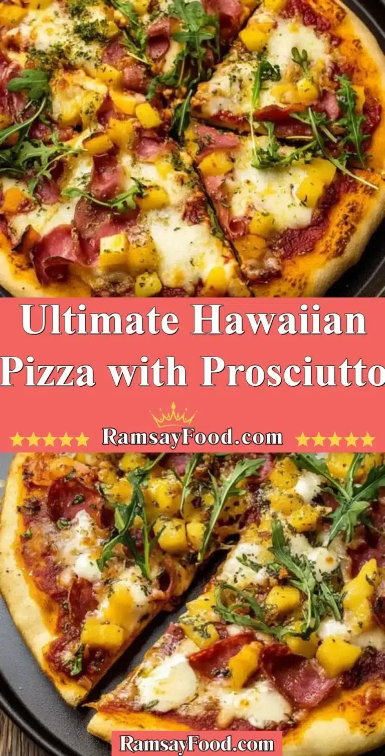 Ultimate Hawaiian Pizza with Prosciutto 8 Delicious Hawaiian pizza topped with prosciutto and pineapple slices.