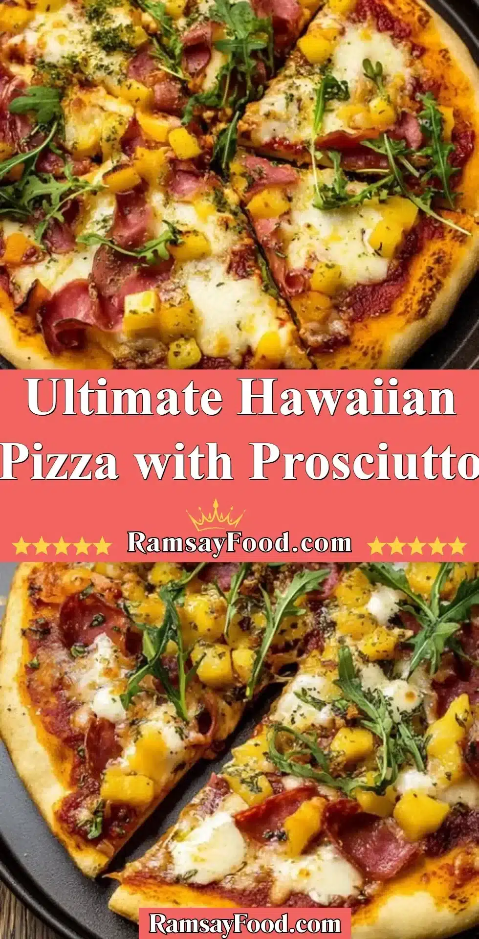 Delicious Hawaiian pizza topped with prosciutto and pineapple slices.