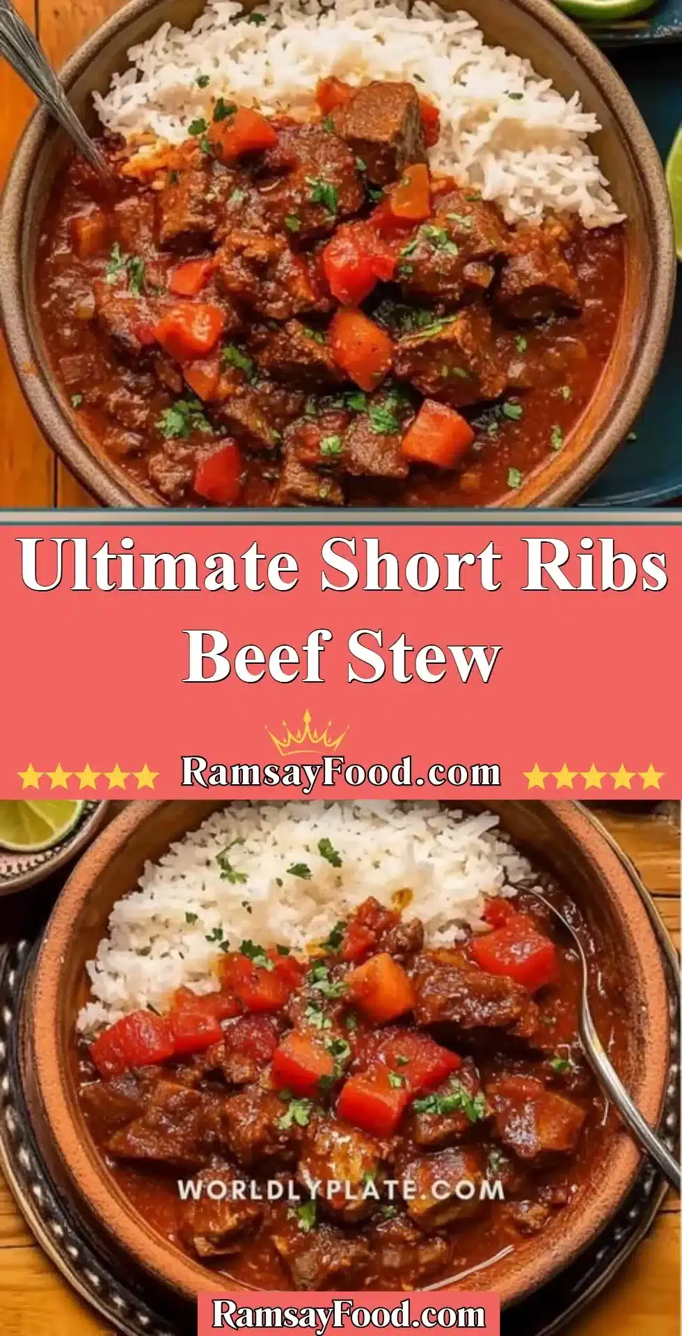 Delicious bowl of Ultimate Short Ribs Beef Stew garnished with herbs