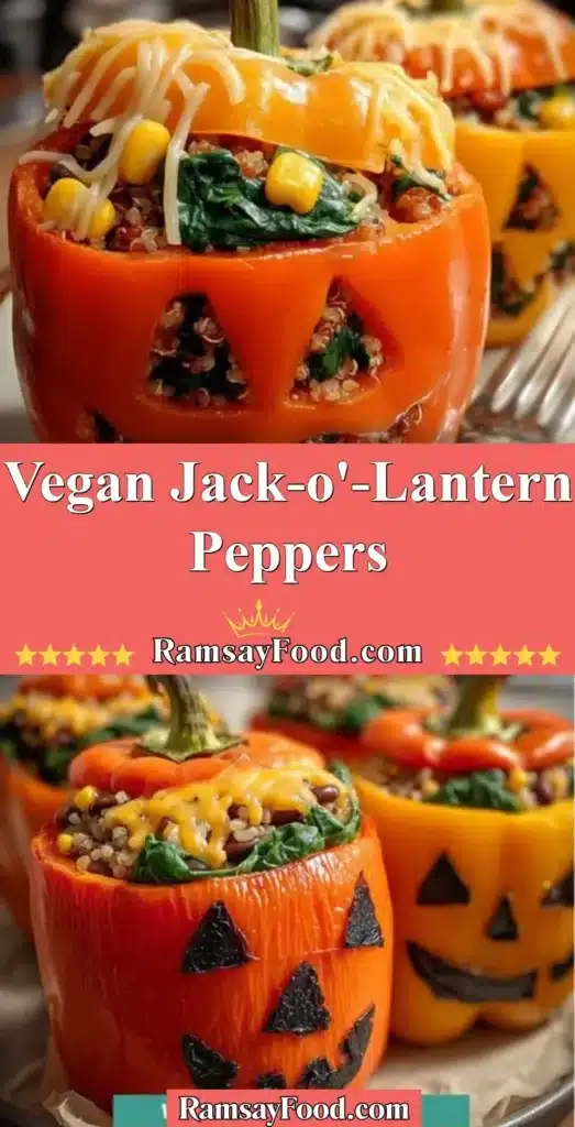 Vegan Jack-o'-Lantern Peppers filled with colorful vegetables and spices.