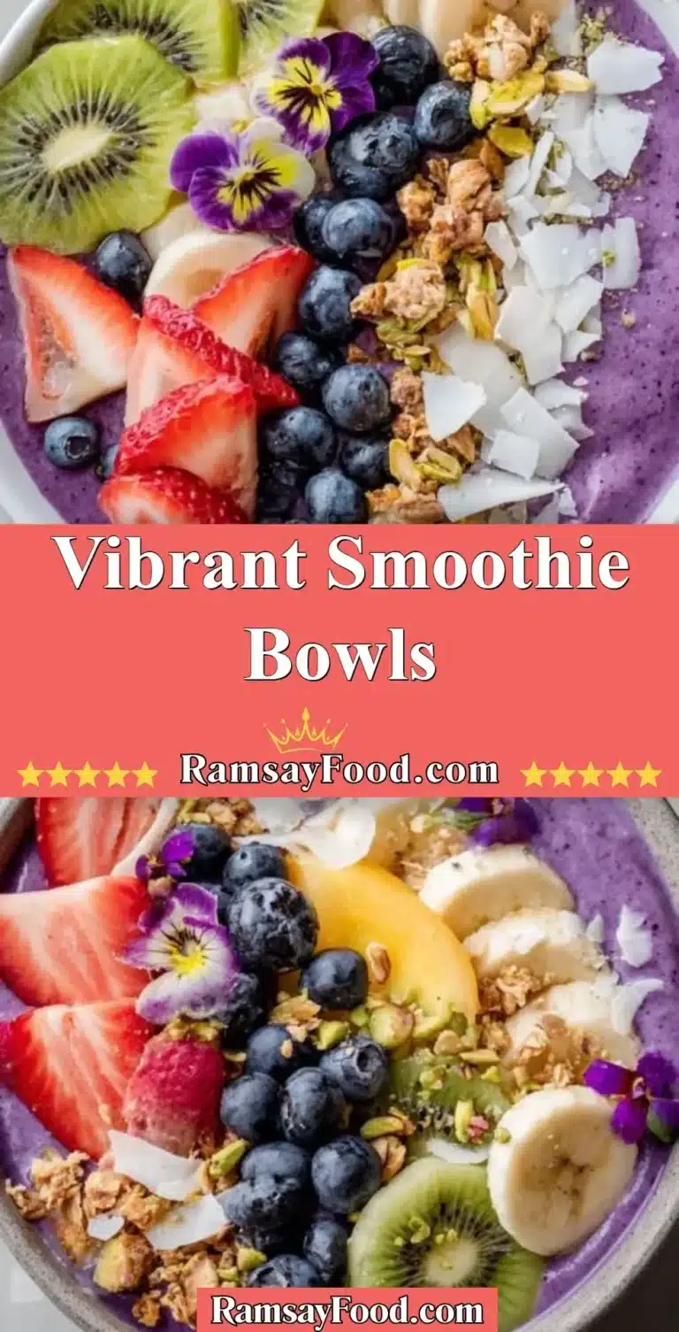 Colorful and healthy smoothie bowls topped with fresh fruits and seeds