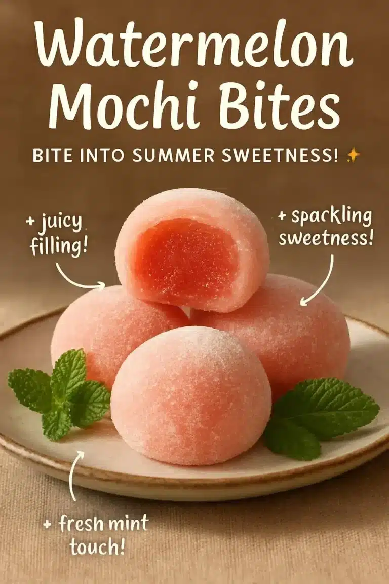 Watermelon Mochi Bites 6 Delicious Watermelon Mochi Bites on a plate, perfect summer treat.