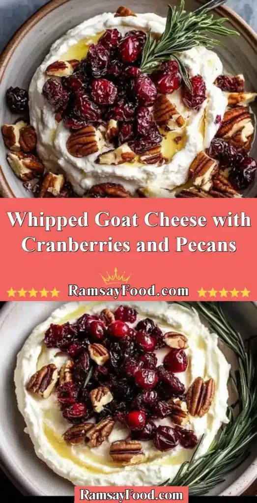 Whipped goat cheese topped with cranberries and pecans served on a platter.