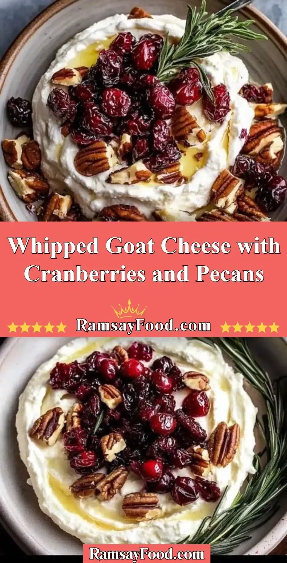 Whipped Goat Cheese with Cranberries and Pecans 2 Whipped goat cheese topped with cranberries and pecans served on a platter.