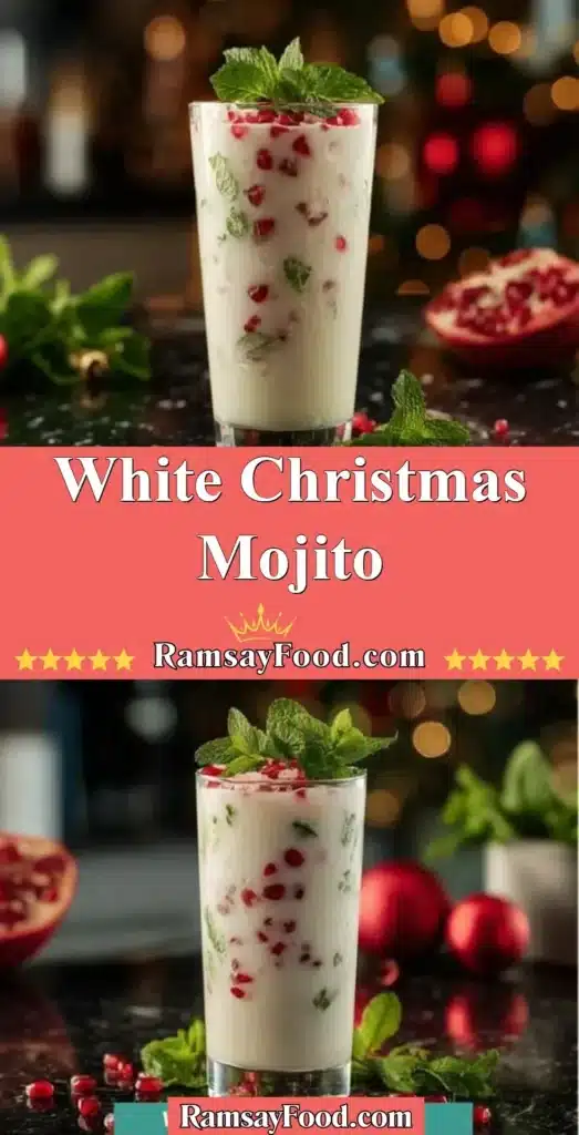 White Christmas Mojito cocktail with festive decorations