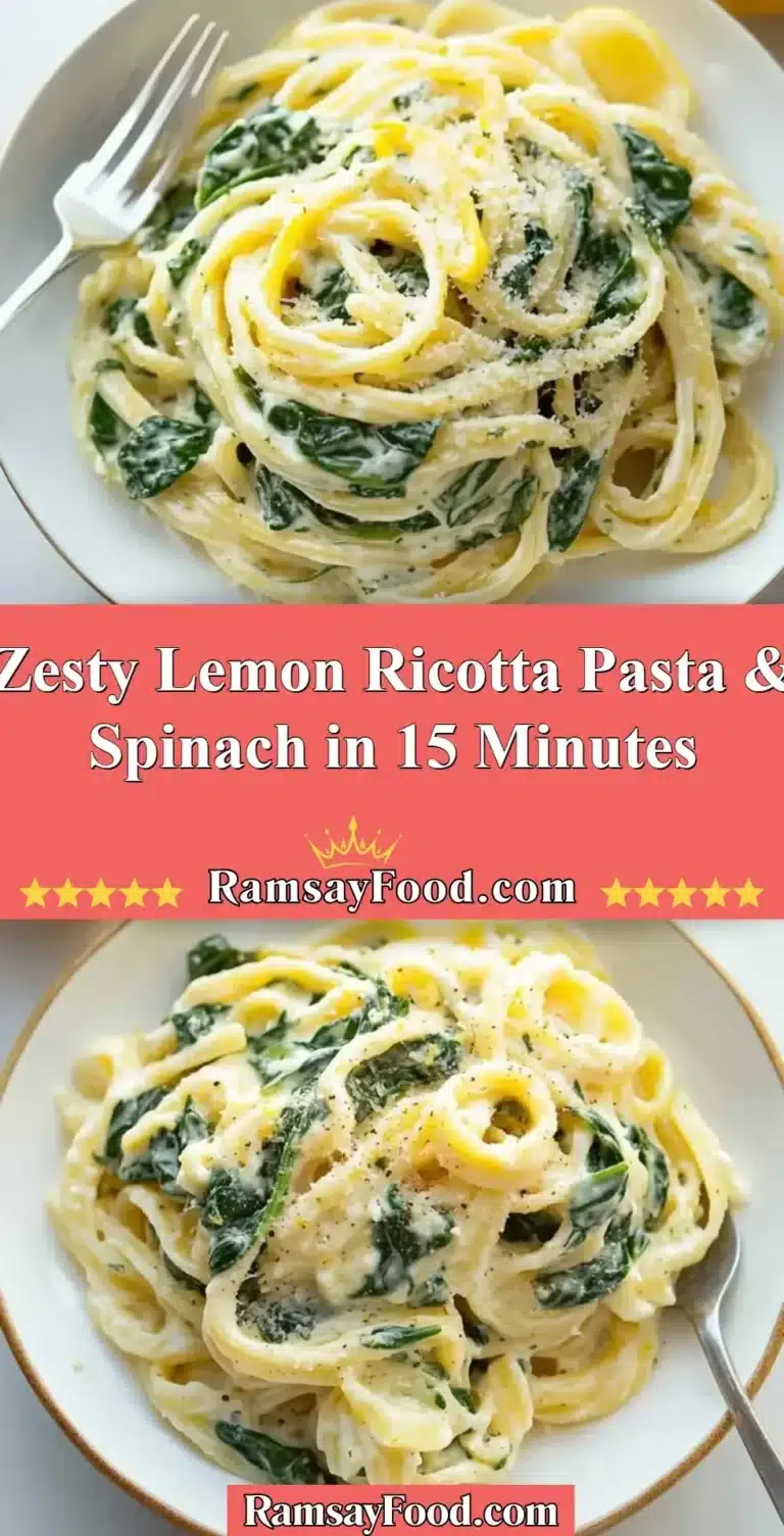 Zesty Lemon Ricotta Pasta & Spinach in 15 Minutes 9 Bowl of lemon ricotta pasta with spinach, ready in 15 minutes.