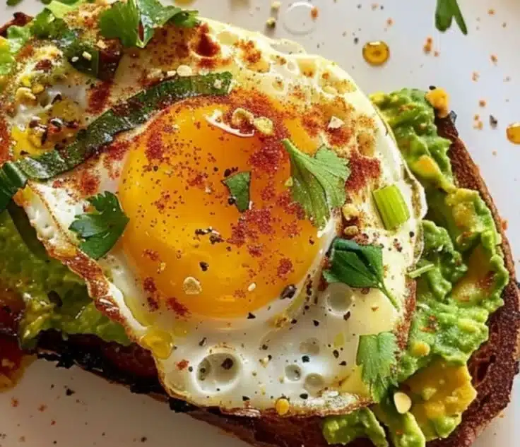Brown butter sourdough egg toast topped with a perfectly fried egg