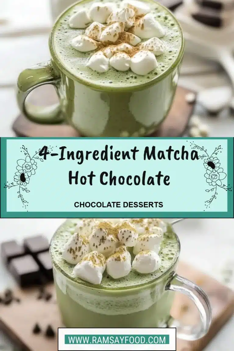 Delicious 4-ingredient matcha hot chocolate in a mug topped with whipped cream.