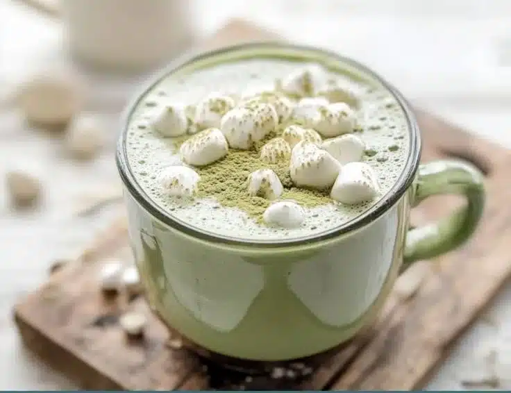 4-Ingredient Matcha Hot Chocolate 2 A mug of 4-Ingredient Matcha Hot Chocolate topped with whipped cream and green tea garnish.