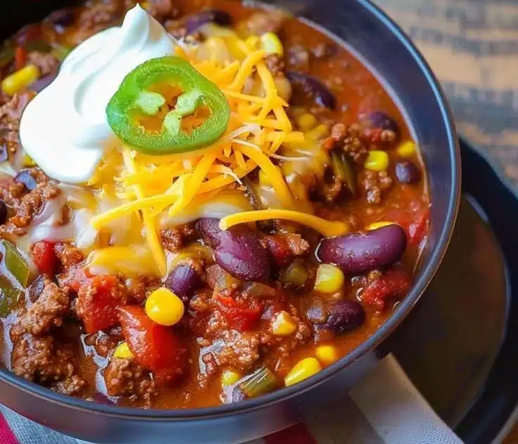 5-Ingredient Dump-and-Go Chili with a cornbread topping ready to serve.