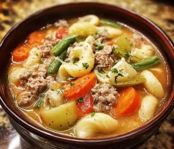 Amish Snow Day Soup 8 Bowl of Amish snow day soup, steaming and delicious, perfect for cold winter days.