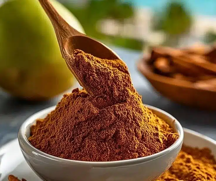 A jar of homemade apple pie spice with cinnamon, nutmeg, and allspice.