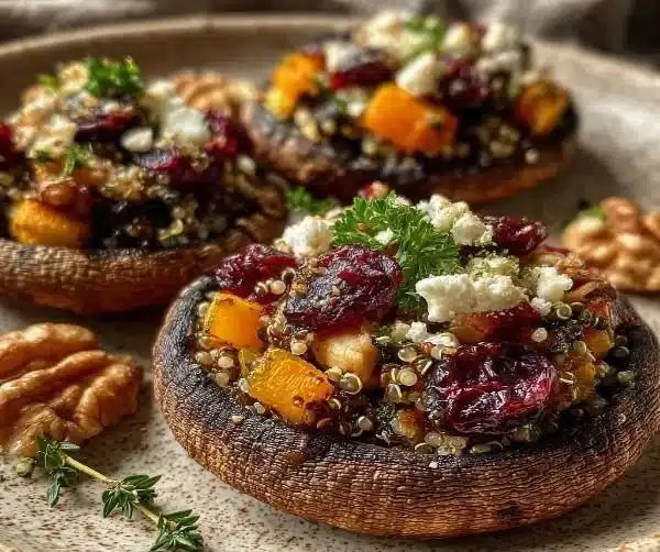 Autumn harvest stuffed portobello mushrooms filled with seasonal ingredients