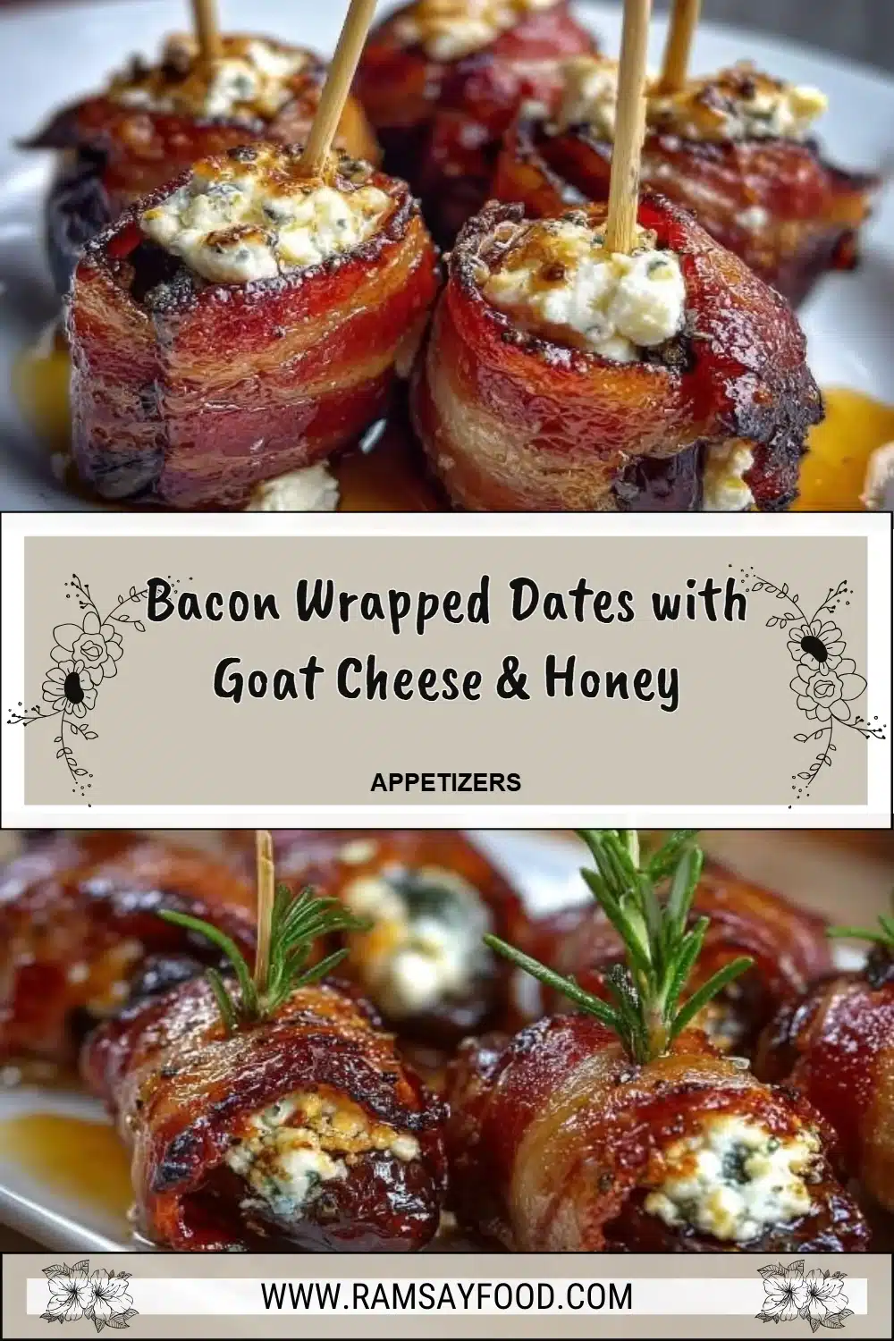 Bacon Wrapped Dates with Goat Cheese & Honey 2 Bacon wrapped dates with goat cheese and honey on a serving platter
