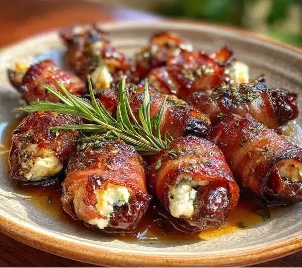 Bacon wrapped dates stuffed with goat cheese and drizzled with honey on a plate