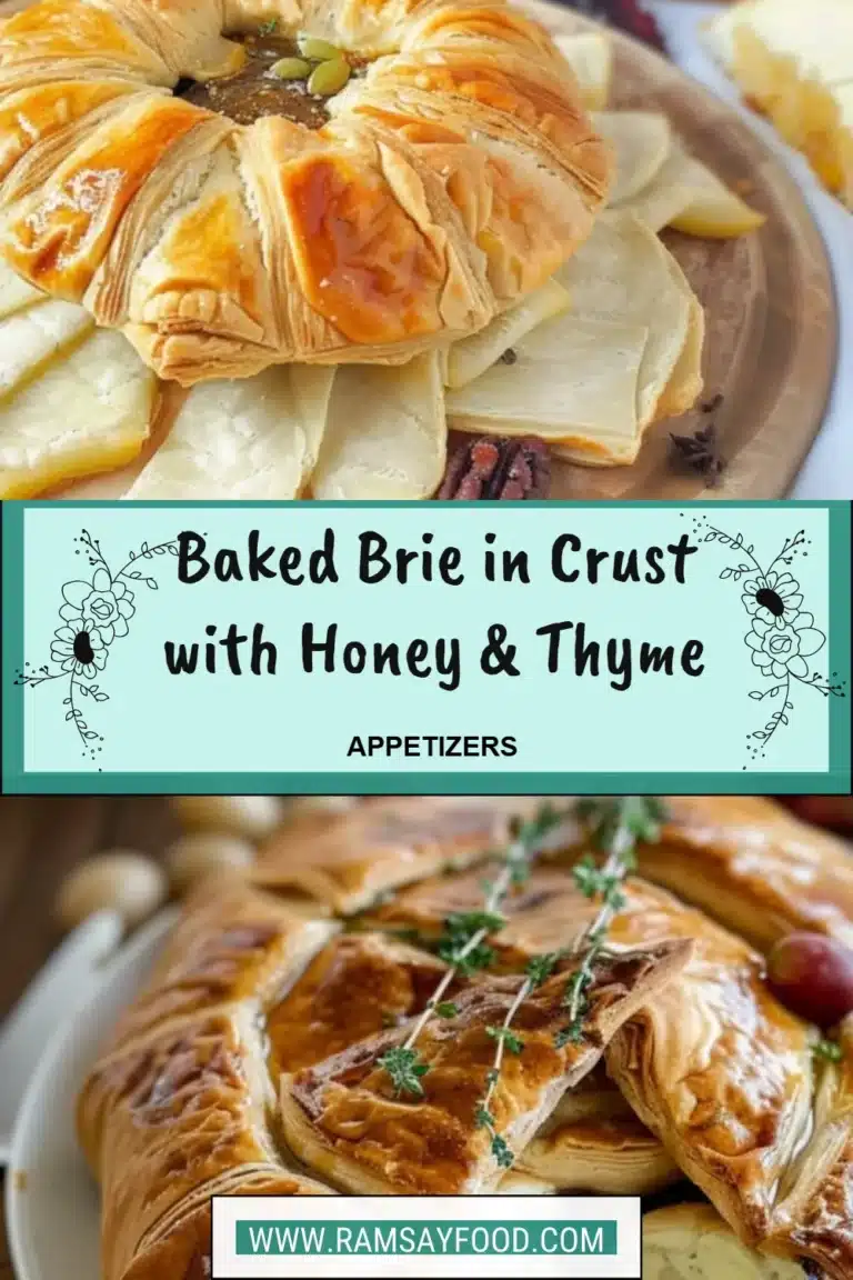 Baked brie in crust topped with honey and thyme, a delicious appetizer.