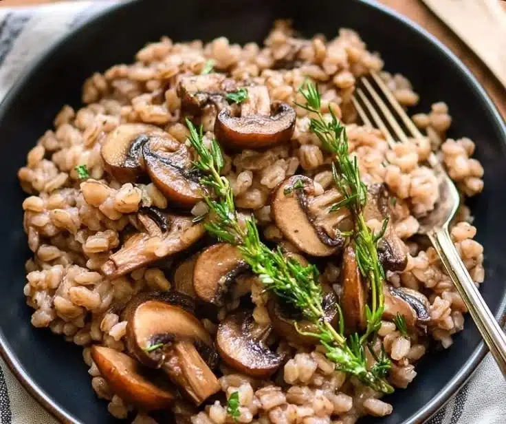 Baked Mushroom Farro with Thyme 5 Baked Mushroom Farro with Thyme served in a dish, garnished with herbs