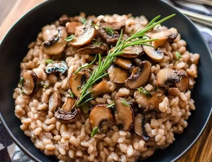 Baked Mushroom Farro with Thyme served in a rustic dish