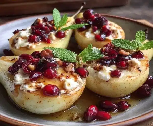 Baked pears with goat cheese, honey, and cranberries on a plate