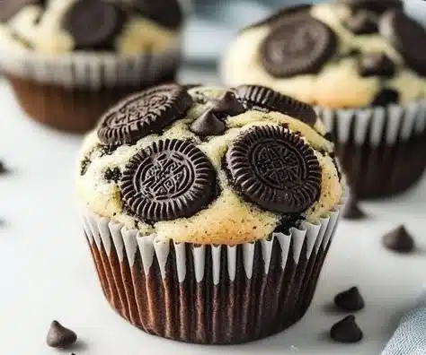 Bakery-style Oreo muffins displayed on a wooden table with chocolate chips