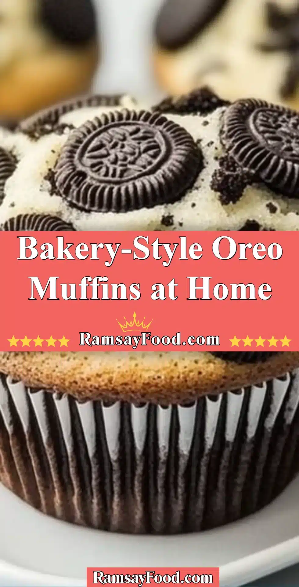 Bakery-Style Oreo Muffins at Home 2 Bakery-style Oreo muffins fresh out of the oven, topped with cookie crumbles.