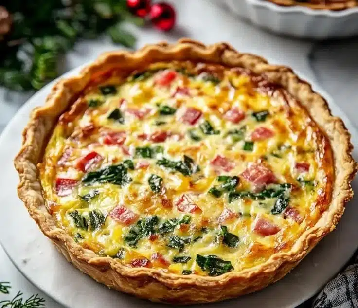 Delicious Christmas quiche served on a festive holiday table.