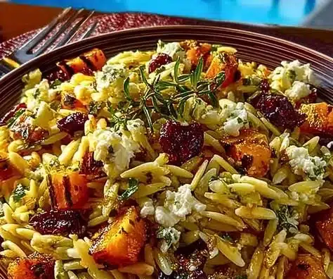 Colorful Best Fall Harvest Orzo Salad with seasonal vegetables and herbs.