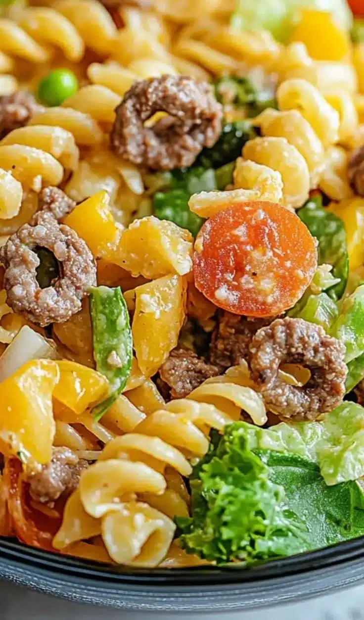 Big Mac Pasta Salad: A Creamy and Flavorful Crowd-Pleaser 7 Big Mac Pasta Salad in a bowl topped with fresh ingredients and creamy dressing