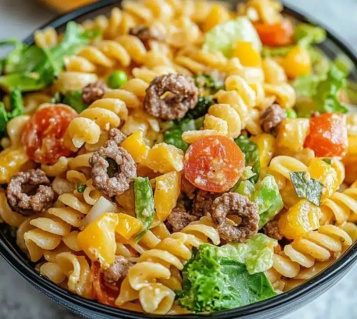 Big Mac Pasta Salad with creamy dressing and toppings in a serving bowl