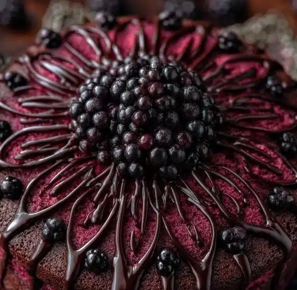 Blackberry Velvet Gothic Cake with Dark Chocolate Ganache 4 Blackberry Velvet Cake with dark chocolate ganache on a decorative plate.
