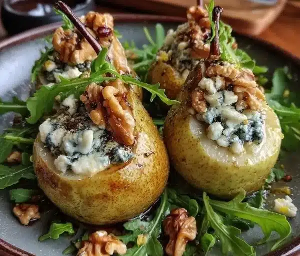 Blue Cheese Stuffed Pears 8 Delicious blue cheese stuffed pears served on a plate