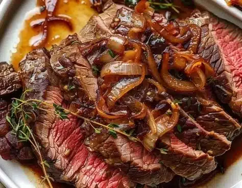 Browned Butter Beef Fry 6 Delicious browned butter beef fry served on a plate with herbs and spices.