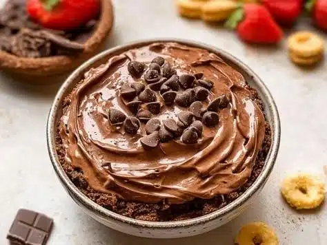 Brownie Batter Dip 9 Delicious brownie batter dip served with fresh fruits and pretzels