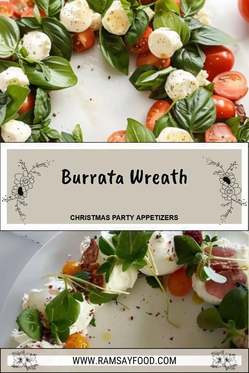 Burrata Wreath 2 Delicious burrata wreath adorned with fresh herbs and cherry tomatoes