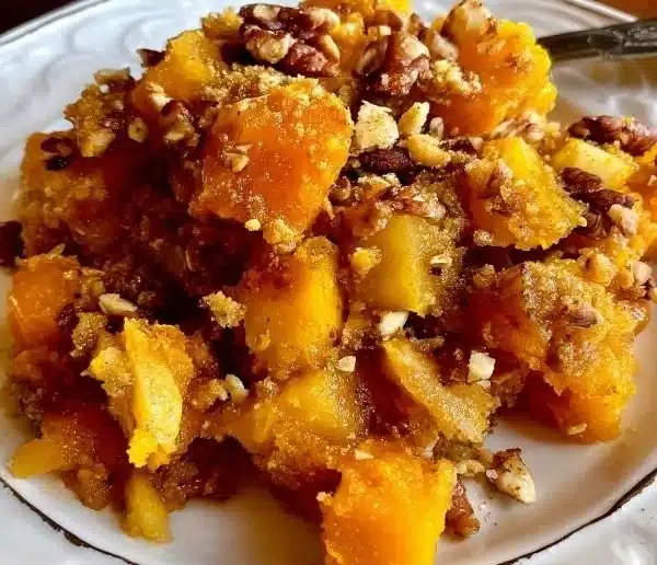 A delicious butternut squash apple bake served in a warm dish, showcasing vibrant colors.