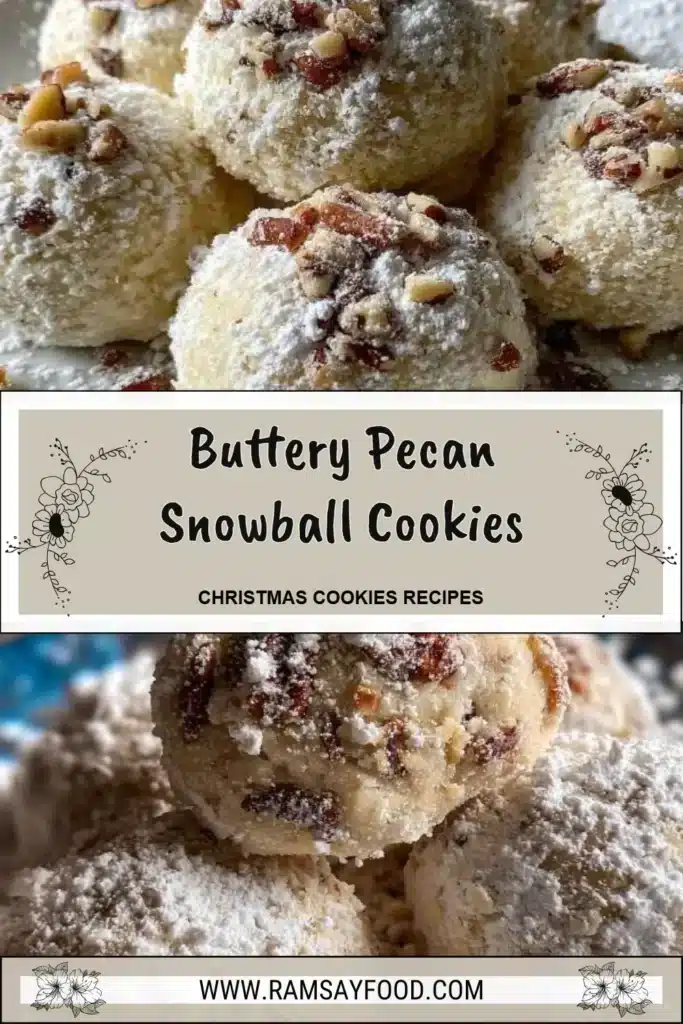 Buttery pecan snowball cookies dusted with powdered sugar on a plate.