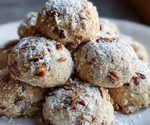 Buttery pecan snowball cookies dusted with powdered sugar on a plate