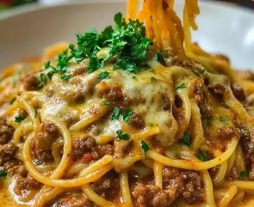 Cajun Beef Spaghetti in Creamy Three-Cheese Parmesan Bliss 8 Cajun Beef Spaghetti topped with creamy three-cheese Parmesan sauce