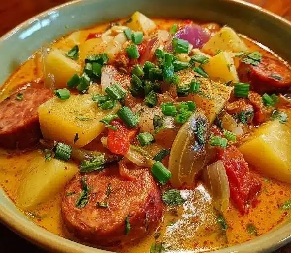 Bowl of Cajun Potato Soup with Sausage garnished with green onions