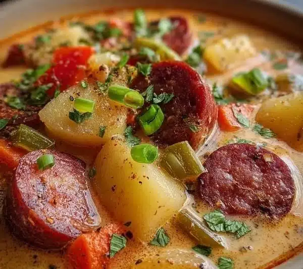 Cajun Potato Soup with Sausage 2 Delicious Cajun Potato Soup with Sausage served in a bowl