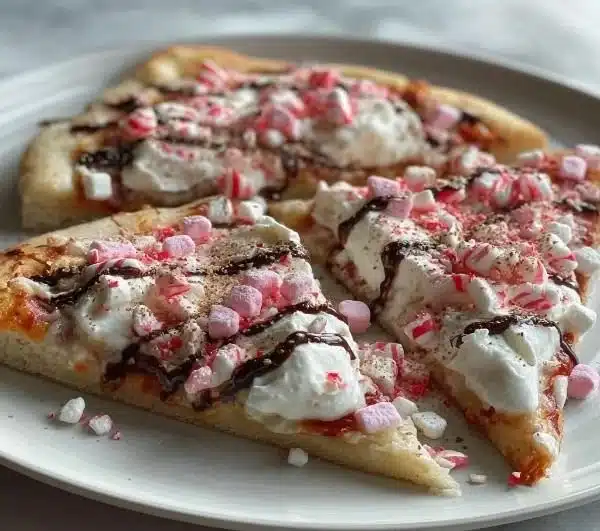 Holiday Candy Cane Pizza decorated with vibrant candy canes and festive toppings