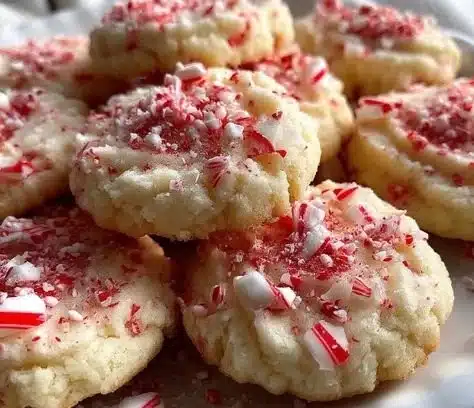 Candy Cane Whipped Shortbread Cookies topped with festive crushed candy canes.