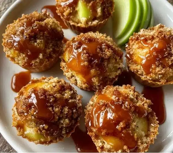 Caramel Apple Crisp Bites topped with creamy caramel and crunchy oats