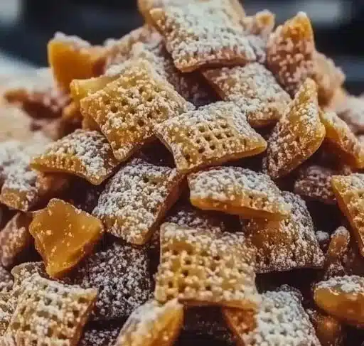 Bowl of Caramel Apple Puppy Chow with apple slices and caramel drizzle