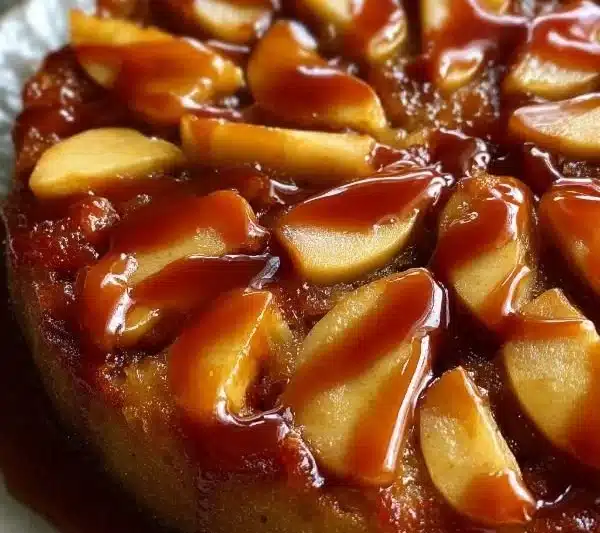 Caramel apple upside down cake topped with caramel drizzle and apple slices.