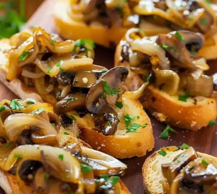 Caramelized Onion & Mushroom Crostini 8 Caramelized Onion Crostini topped with mushrooms on a wooden platter.
