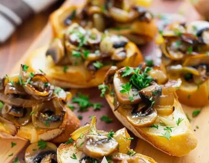 Caramelized Onion & Mushroom Crostini 4 Caramelized onion and mushroom crostini appetizer on a rustic plate